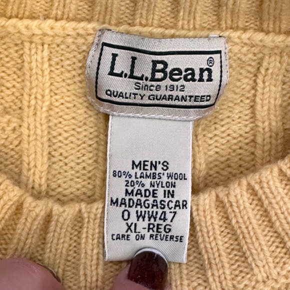 LLBean Mens Cable Knit Sweater Yellow Lambswool Blend XL Regular - Picture 2 of 11